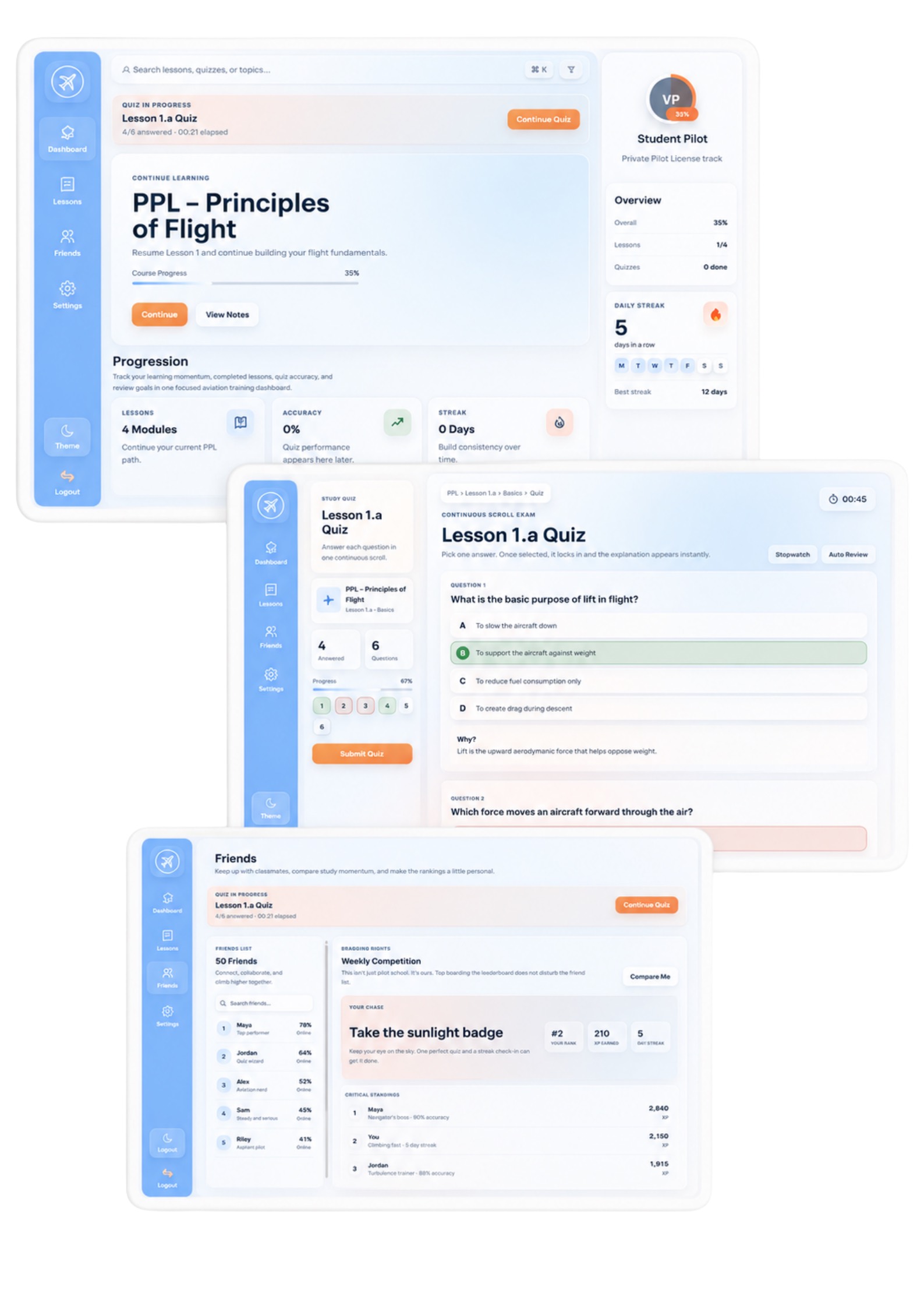 PreFlight platform dashboard, quiz, and friends previews